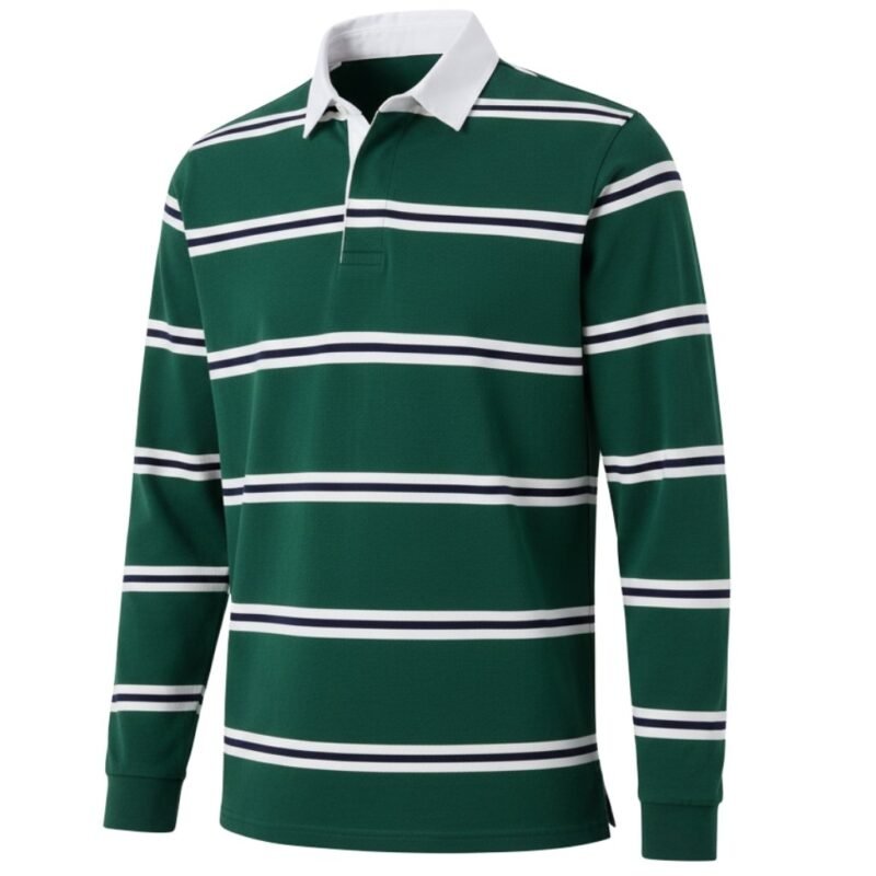 Front view of premium men’s rugby long sleeve shirt with buttoned collar and chest logo icon, displayed on a plain background.
