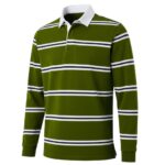 Front view of premium men’s rugby long sleeve shirt in olive green with buttoned collar and chest logo icon, displayed on a plain background.