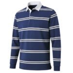 Front view of premium men’s rugby long sleeve shirt in Rebecca purple with buttoned collar and chest logo icon, displayed on a plain background.