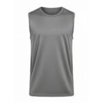 Front view of men’s sleeveless rugby shirt in gray with crew neck and chest logo icon, displayed on a plain background.