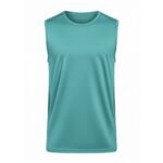 Front view of men’s sleeveless rugby shirt in teal with crew neck and chest logo icon, displayed on a plain background.