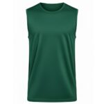Front view of men’s sleeveless rugby shirt in green with crew neck and chest logo icon, displayed on a plain background.