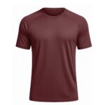 Front view of a men’s deep maroon short sleeve performance tennis T‑shirt, featuring a crew neckline, set‑in sleeves, and a straight hem in rich maroon technical fabric.