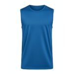 Front view of men’s sleeveless vest shirt, showing crew neckline, relaxed armholes, and straight hem in soft cotton fabric.