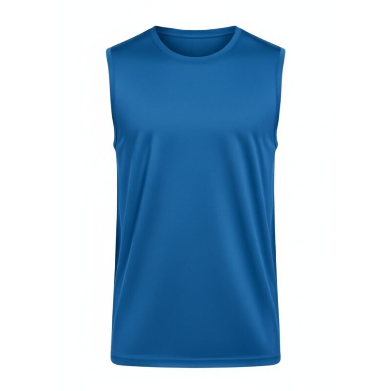 Front view of men’s sleeveless vest shirt, showing crew neckline, relaxed armholes, and straight hem in soft cotton fabric.