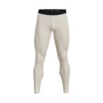 Cream-colored men’s tennis leggings, front view, showing full-length compression fit, wide waistband, and small logo icon near the hip.