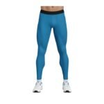 Male model wearing men’s tennis leggings, front view, showing full-length compression fit, wide waistband, and subtle logo icon near the hip.