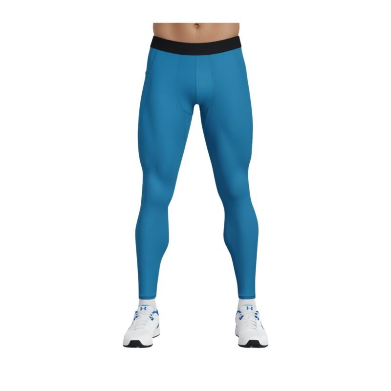 Male model wearing men’s tennis leggings, front view, showing full-length compression fit, wide waistband, and subtle logo icon near the hip.