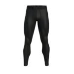 Black men’s tennis leggings, front view, showing full-length compression fit, wide waistband, and subtle logo icon near the hip.