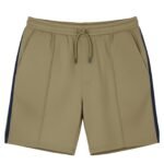 Brown men’s tennis shorts, front view, showing elastic waistband, side pockets, and mid-thigh athletic length.