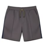 Gray men’s tennis shorts, front view, showing elastic waistband, side pockets, and mid-thigh athletic length.