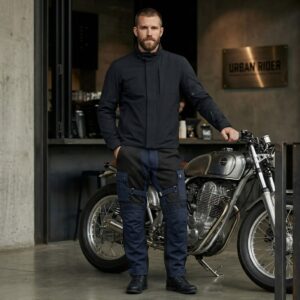 Rider wearing mesh motorbike pants standing next to a motorcycle, showing breathable riding trousers in a close bike background setting.