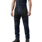Model wearing mesh motorbike pants front view, showing full-length breathable riding trousers and fit.