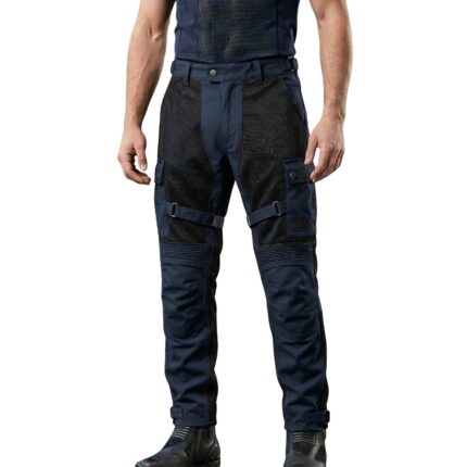 Model wearing mesh motorbike pants front view, showing full-length breathable riding trousers and fit.