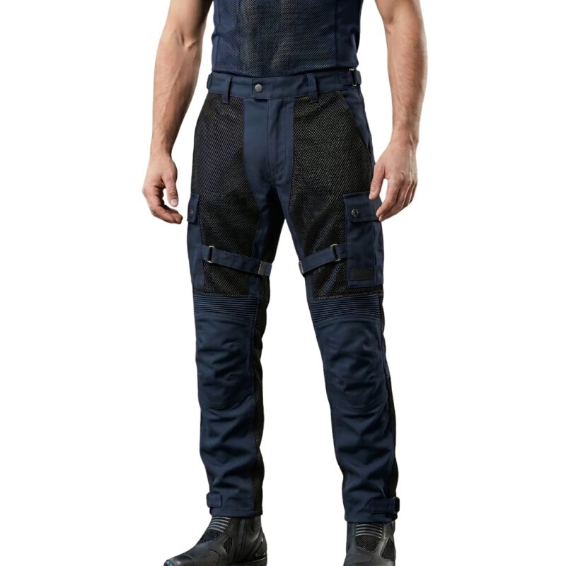 Model wearing mesh motorbike pants front view, showing full-length breathable riding trousers and fit.