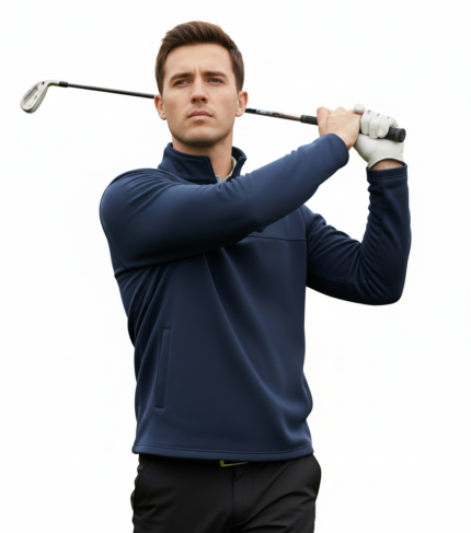 Male model wearing a custom men’s quarter‑zip performance pullover, standing in a relaxed pose to showcase the fit, collar, and zipper detail.