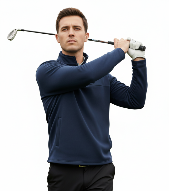 Male model wearing a custom men’s quarter‑zip performance pullover, standing in a relaxed pose to showcase the fit, collar, and zipper detail.