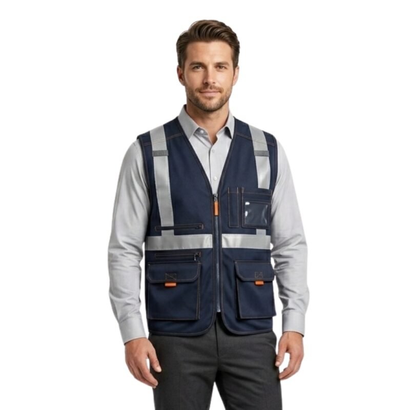 Model wearing navy safety vest, front view on plain background.