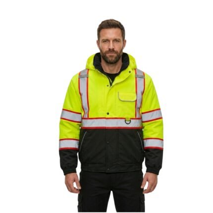 Male model wearing blue and black industrial workwear jacket, standing in a relaxed pose.
