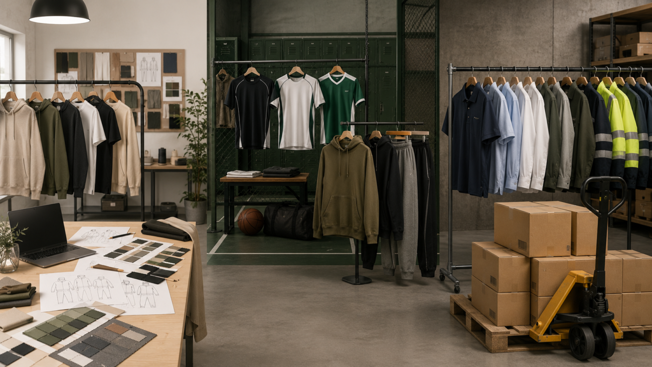 Modern industrial private label apparel showroom interior with clothing racks displaying hoodies, t-shirts, polo shirts, and hi-vis workwear alongside fabric swatches, design sketches, and shipping boxes