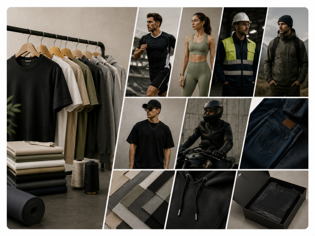 Modern private label apparel and lifestyle essentials by Eco Jersey including t-shirts, activewear, hi-vis workwear, biker leather jacket, streetwear, denim, and custom branded garments