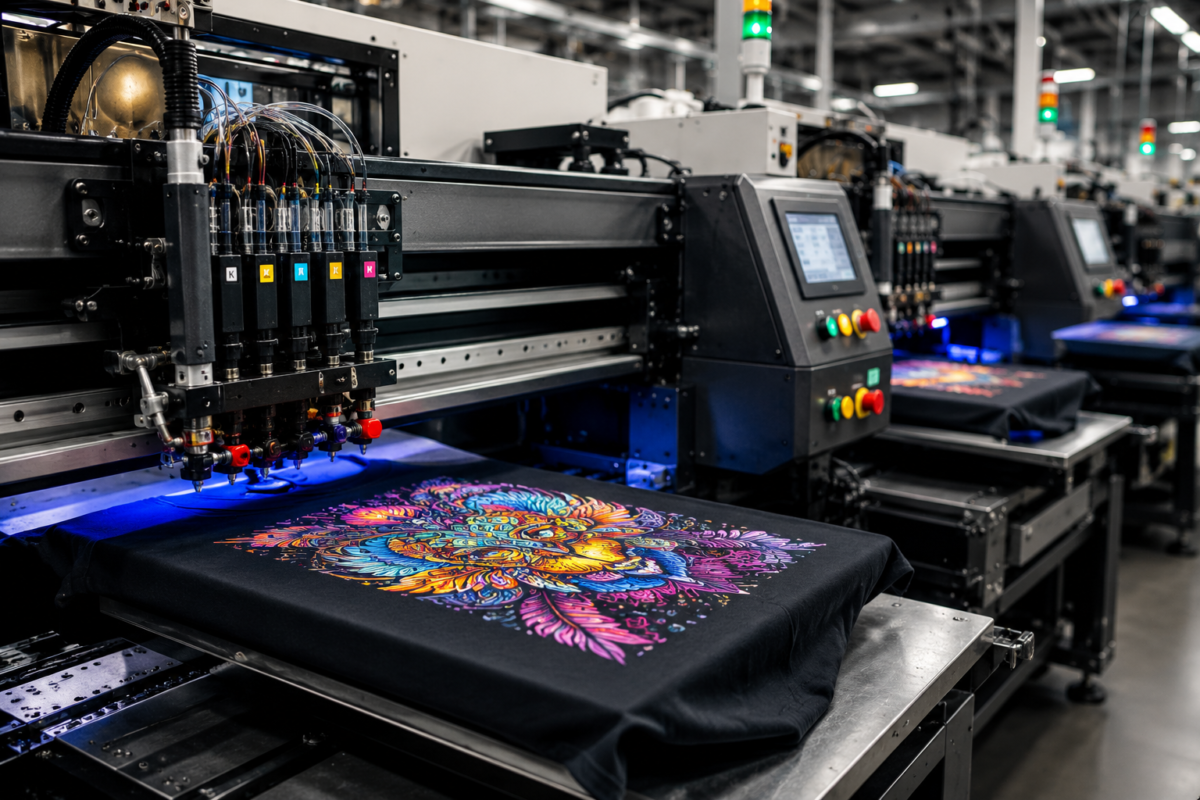 Modern textile printing in action at Eco Jersey showing industrial garment printing machines with various screens and colorful inks being applied to black t-shirts for bulk apparel manufacturing with high-speed production features