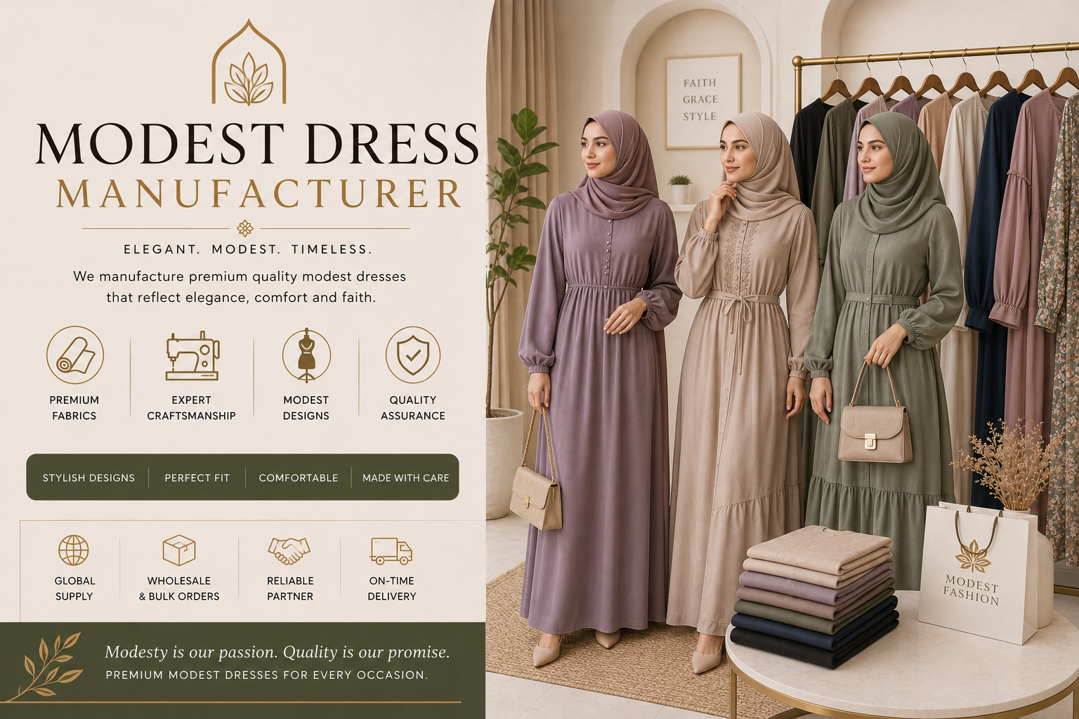 Custom modest dress manufacturer banner showcasing Islamic fashionwear dresses for B2B wholesale orders, manufactured by Eco Jersey Limited