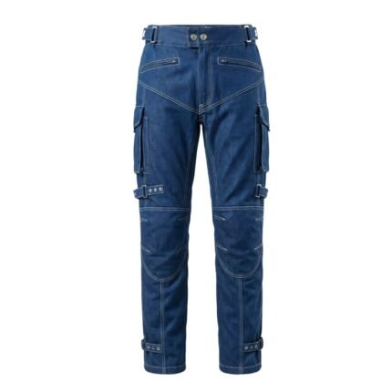 Single pair of men’s motorbike jeans front view on plain background.