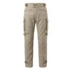 Beige men’s motorbike jeans front view on plain background.