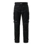 Black men’s motorbike jeans front view on plain background.