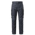 Gray men’s motorbike jeans front view on plain background.