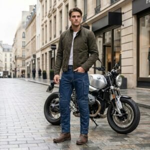 Male model wearing motorbike jeans standing in an urban city setting.