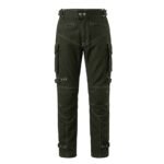Olive men’s motorbike jeans front view on plain background.