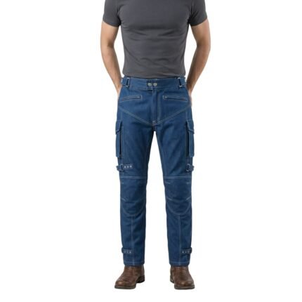 Male model wearing men’s motorbike jeans shown from the front view.