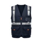 Navy blue workwear vest, front product view on plain background.