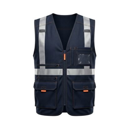 Navy blue workwear vest, front product view on plain background.