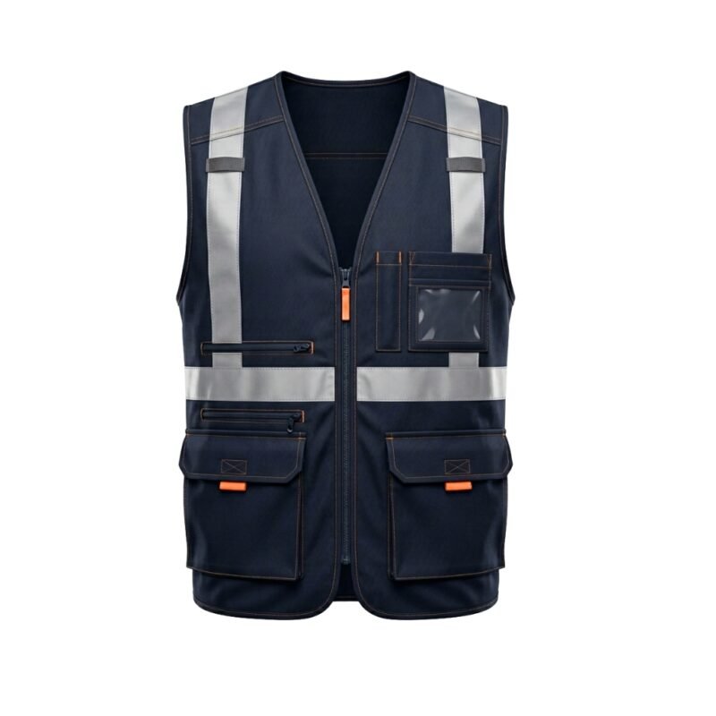 Navy blue workwear vest, front product view on plain background.