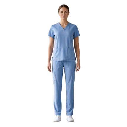 Nurse wearing a light blue nurse dress, front view on plain background.