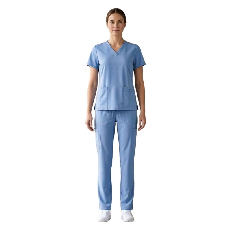 Nurse wearing a light blue nurse dress, front view on plain background.