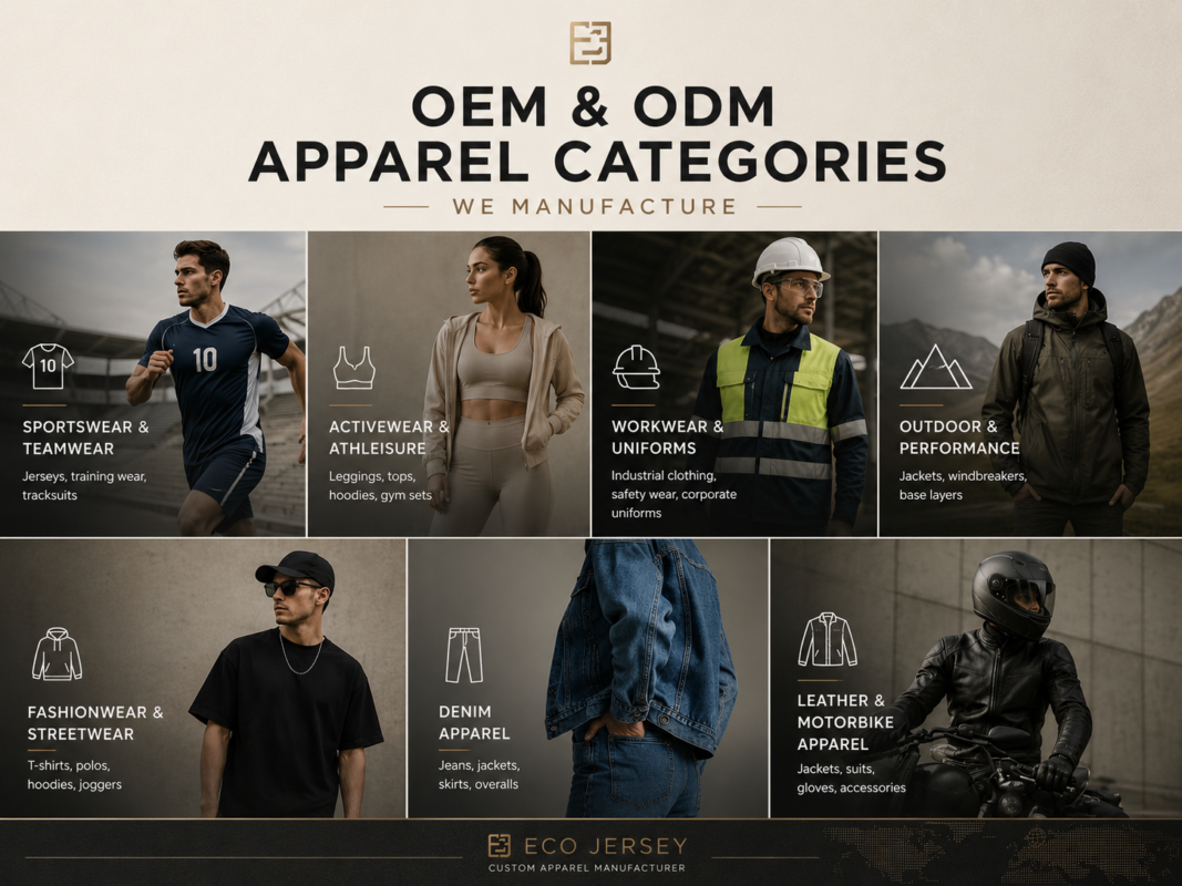 OEM and ODM apparel categories manufactured by Eco Jersey including sportswear, activewear, workwear, outdoor performance, fashionwear, denim apparel, leather, and motorbike apparel