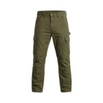 Olive green industrial workwear pants with straight leg and multiple pockets.