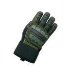 Olive green work glove, front product view on plain background.