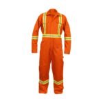 Front view of men’s orange industrial coveralls with collar, long sleeves, and full-length legs.