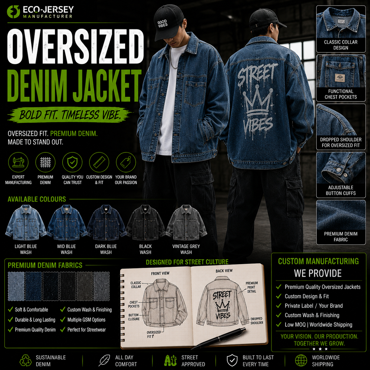 Custom oversized denim jacket with relaxed streetwear fit for urban fashion brands, manufactured by Eco Jersey Limited