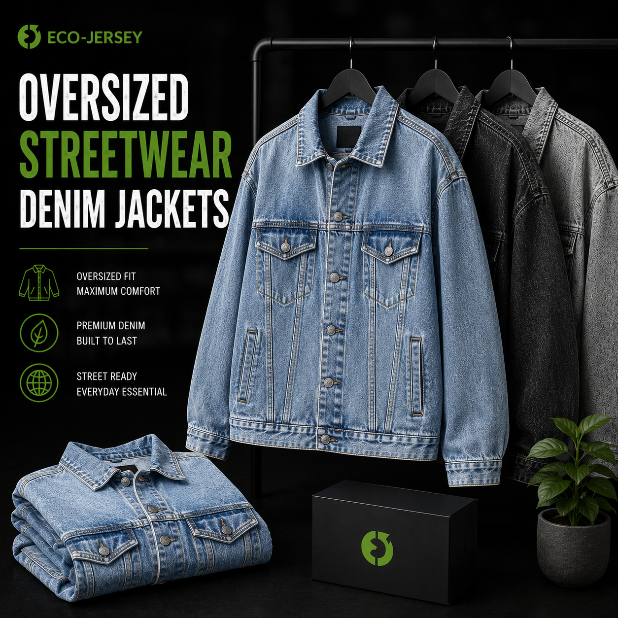 Custom oversized streetwear denim jackets with relaxed baggy fit for urban fashion, manufactured by Eco Jersey Limited
