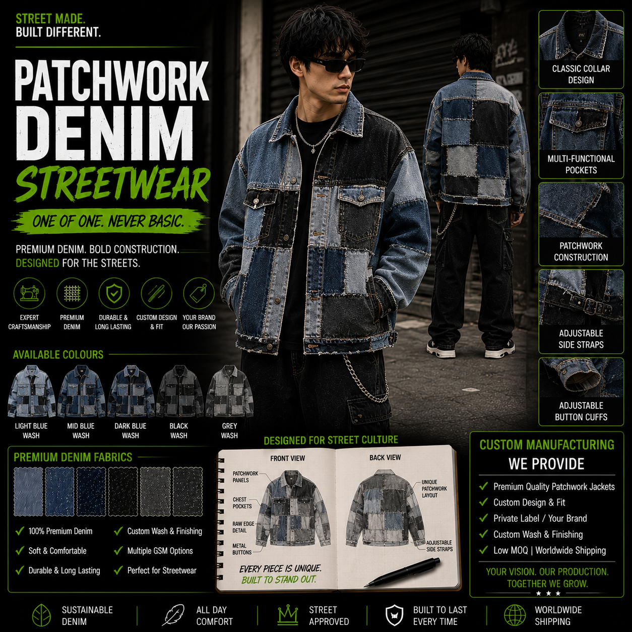 Custom patchwork denim streetwear jacket infographic showing front and back views, available colors, premium denim fabrics and manufacturing features, by Eco Jersey Limited