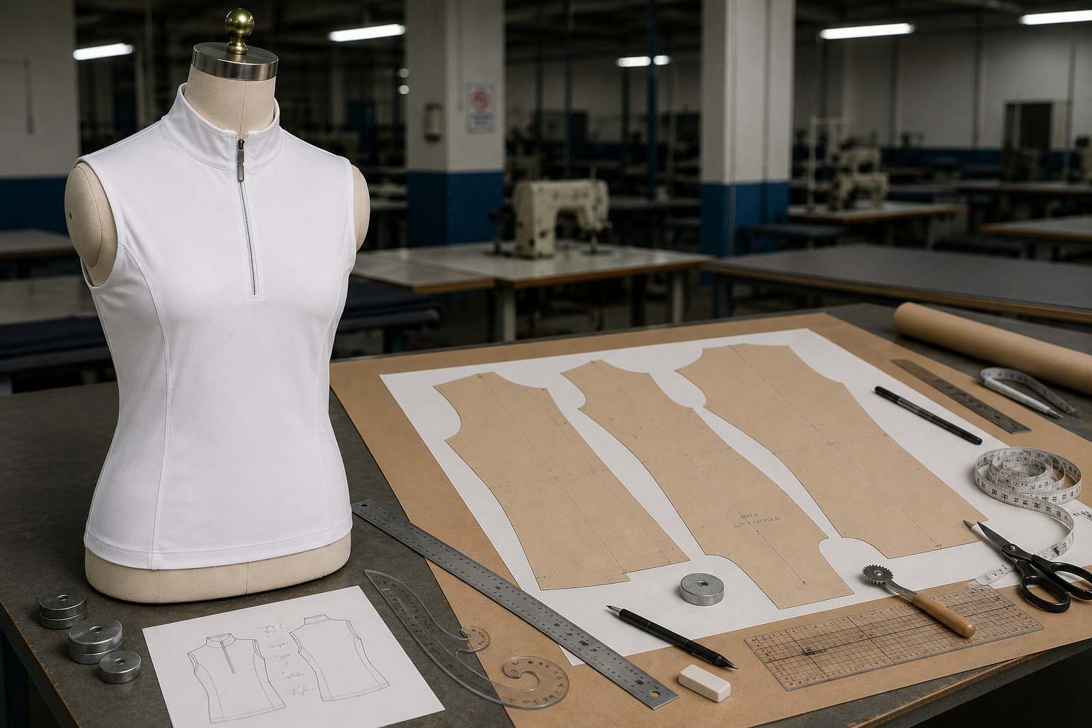 garment on a mannequin, with a pattern laid out alongside measuring and pattern making tools.