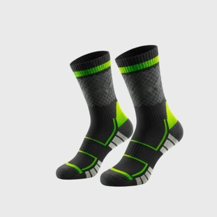 Pair of performance court socks laid flat, featuring a crew length design with contrasting toe, heel, and cuff details