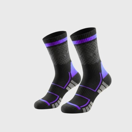 Pair of performance court socks laid flat, featuring crew length design with contrasting heel, toe, and cuff accents.