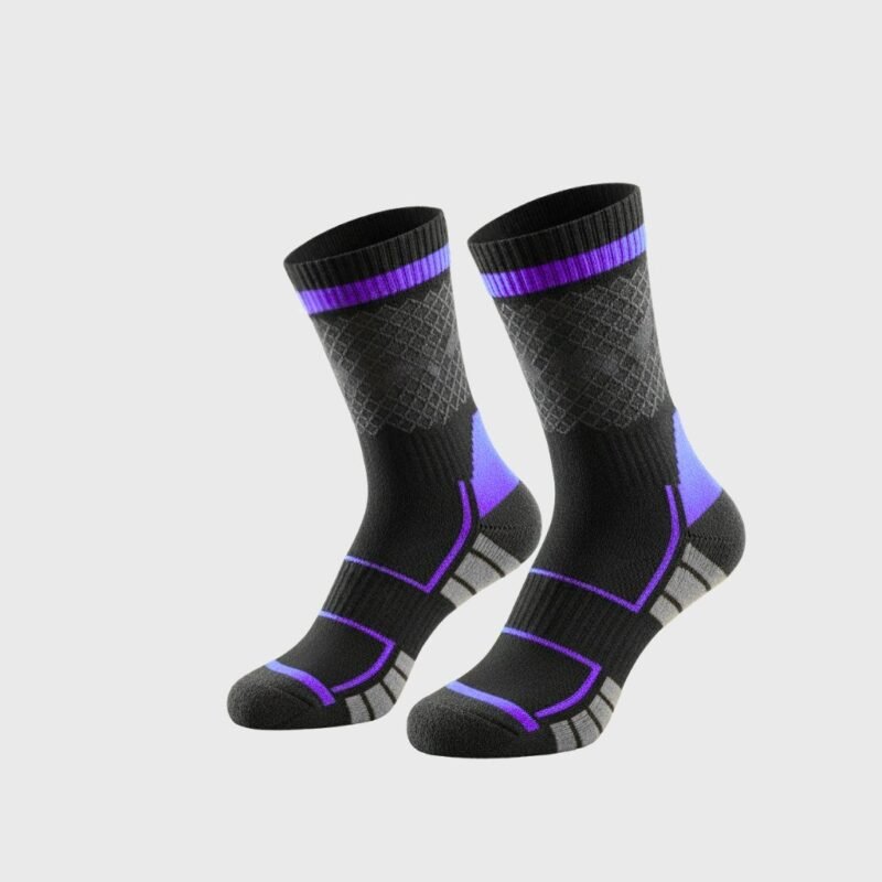 Pair of performance court socks laid flat, featuring crew length design with contrasting heel, toe, and cuff accents.